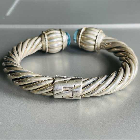 Large Blue Topaz 14k Gold & Sterling Silver 10mm Classic Cable Cuff Brac… - Picture 7 of 11